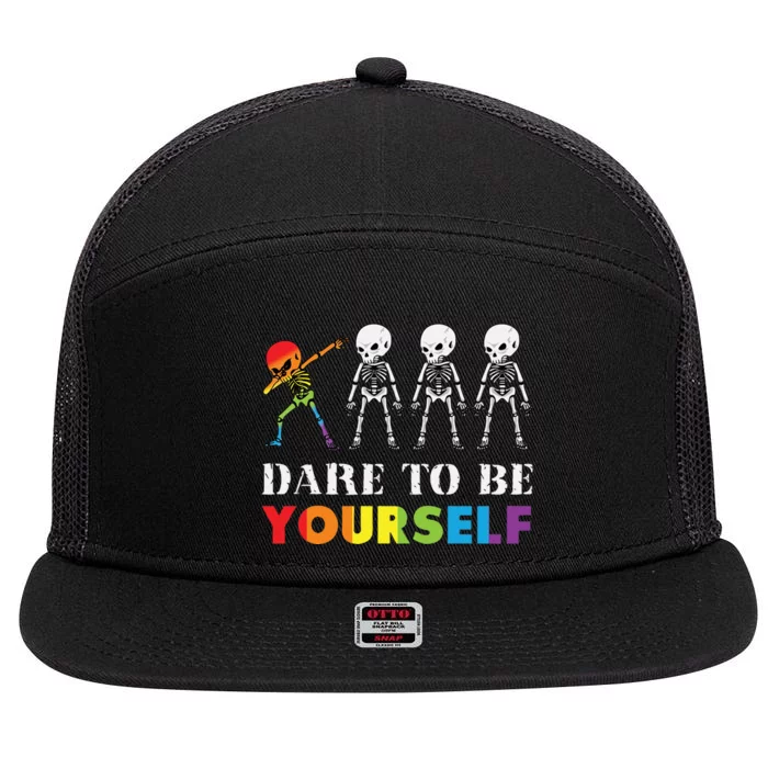 Dare To Be Yourself Halloween Costume Rainbow Skeleton 7 Panel Mesh Trucker Snapback Hat