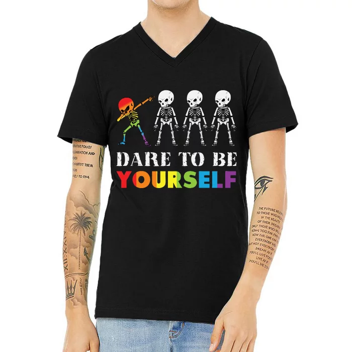 Dare To Be Yourself Halloween Costume Rainbow Skeleton V-Neck T-Shirt