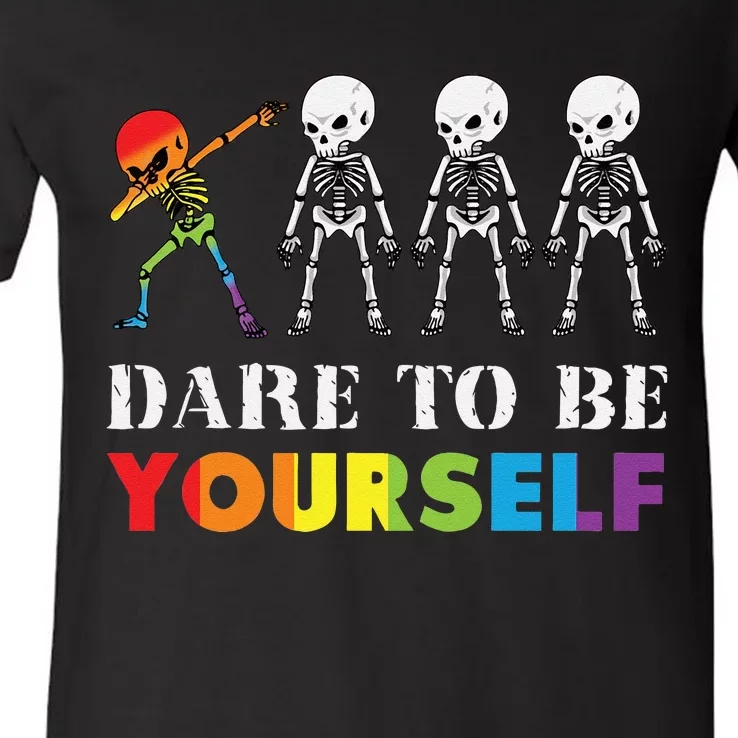 Dare To Be Yourself Halloween Costume Rainbow Skeleton V-Neck T-Shirt