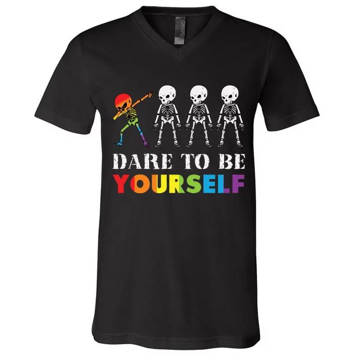 Dare To Be Yourself Halloween Costume Rainbow Skeleton V-Neck T-Shirt