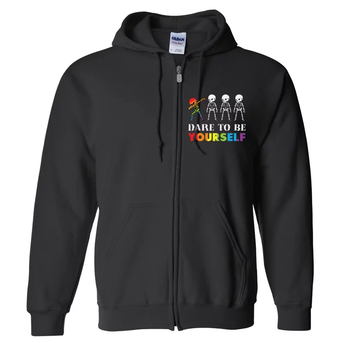 Dare To Be Yourself Halloween Costume Rainbow Skeleton Full Zip Hoodie