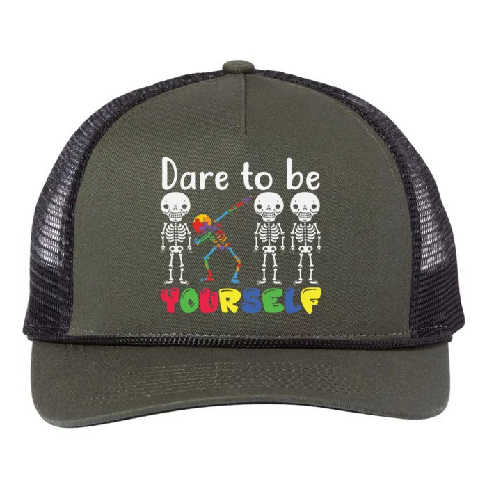 Dare To Be Your Self Dabbing Skeleton Autism Awareness Funny Gift Retro Rope Trucker Hat Cap