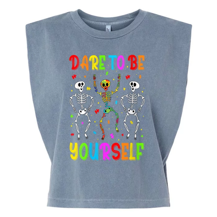 Dare To Be Your Self Dabbing Skeleton Autism Awareness Gift Garment-Dyed Women's Muscle Tee