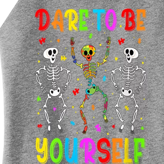 Dare To Be Your Self Dabbing Skeleton Autism Awareness Gift Women’s Perfect Tri Rocker Tank