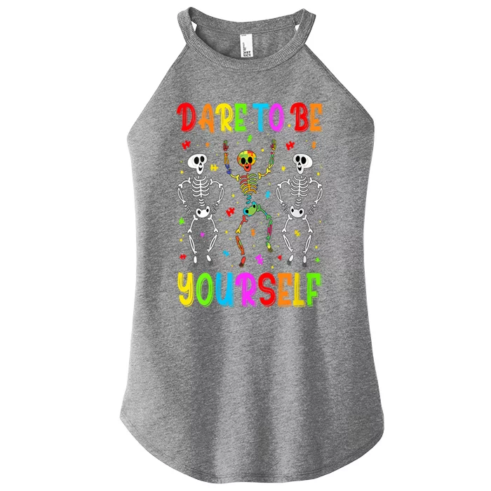 Dare To Be Your Self Dabbing Skeleton Autism Awareness Gift Women’s Perfect Tri Rocker Tank