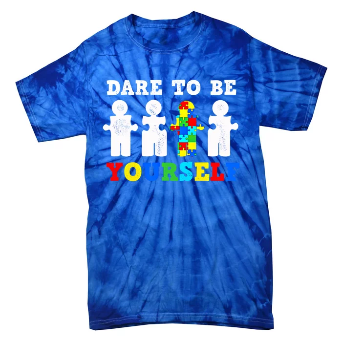 Dare To Be Yourself Autism Awareness Puzzle Piece Gear Gift Tie-Dye T-Shirt