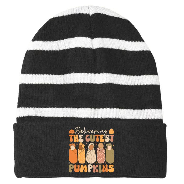 Delivering The Cutest Pumpkins Halloween L And D Nurse Fall Striped Beanie with Solid Band