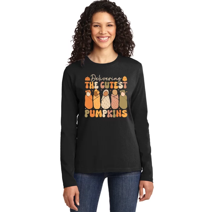 Delivering The Cutest Pumpkins Halloween L And D Nurse Fall Ladies Long Sleeve Shirt