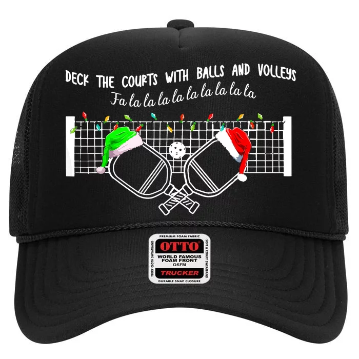 Deck The Courts With Balls And Volleys Christmas Pickleball Gift High Crown Mesh Trucker Hat