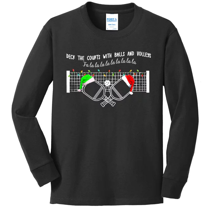 Deck The Courts With Balls And Volleys Christmas Pickleball Gift Kids Long Sleeve Shirt