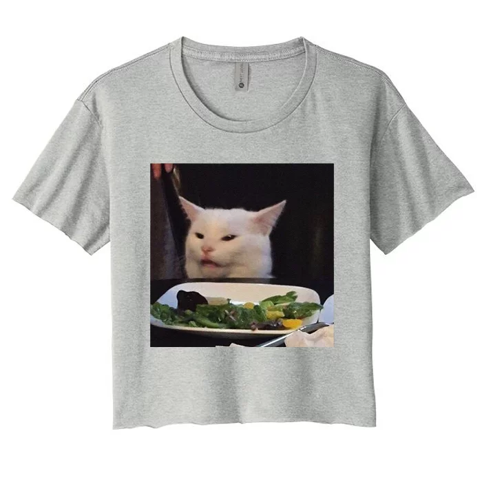 Dinner Table Cat Meme Funny Internet Yelling Confused Gift Women's Crop Top Tee