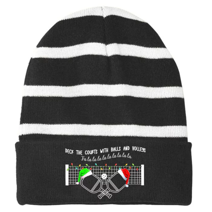 Deck The Courts With Balls And Volleys Christmas Pickleball Striped Beanie with Solid Band