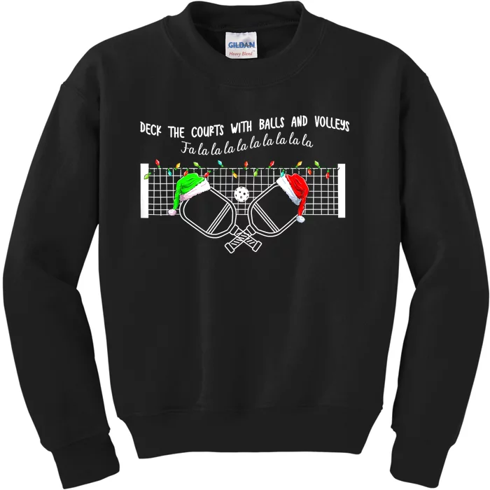 Deck The Courts With Balls And Volleys Christmas Pickleball Kids Sweatshirt