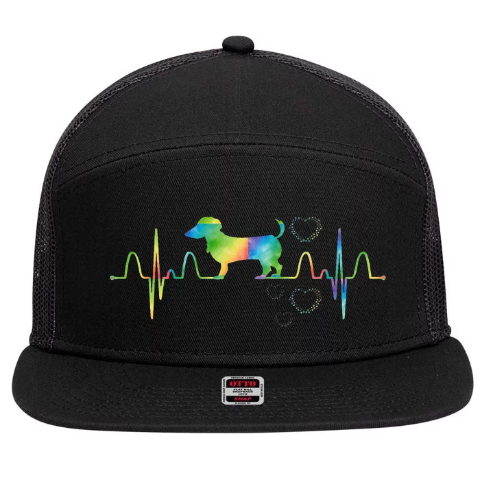 Dog Tie Dye Heartbeat Funny Dog Dachshund 7 Panel Mesh Trucker Snapback Hat