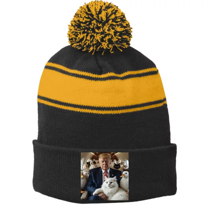 Donald Trump Duck Cat Vote 2024 Stripe Pom Pom Beanie