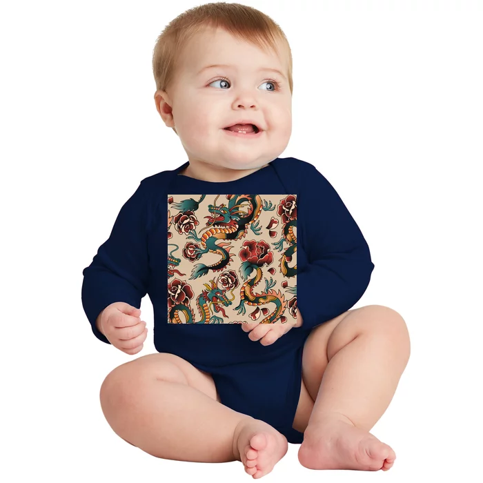 Dragon Tattoo Floral Pattern Baby Long Sleeve Bodysuit