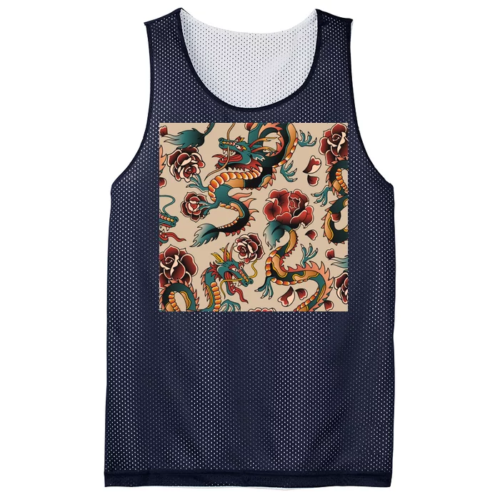 Dragon Tattoo Floral Pattern Mesh Reversible Basketball Jersey Tank