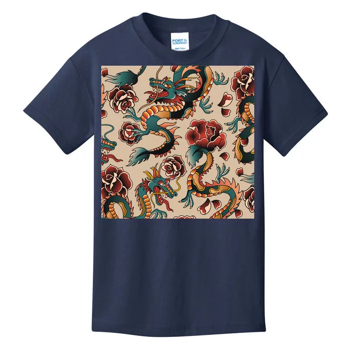 Dragon Tattoo Floral Pattern Kids T-Shirt