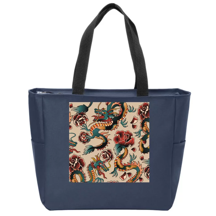 Dragon Tattoo Floral Pattern Zip Tote Bag