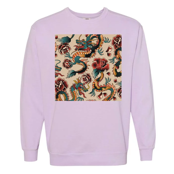 Dragon Tattoo Floral Pattern Garment-Dyed Sweatshirt