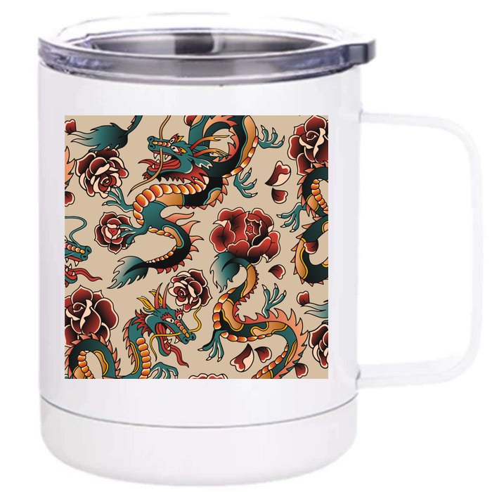 Dragon Tattoo Floral Pattern Front & Back 12oz Stainless Steel Tumbler Cup