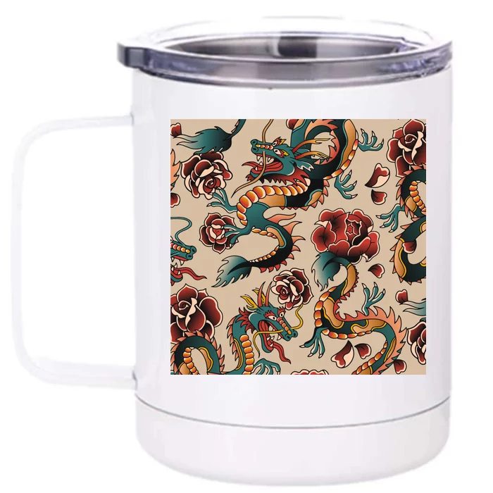 Dragon Tattoo Floral Pattern Front & Back 12oz Stainless Steel Tumbler Cup