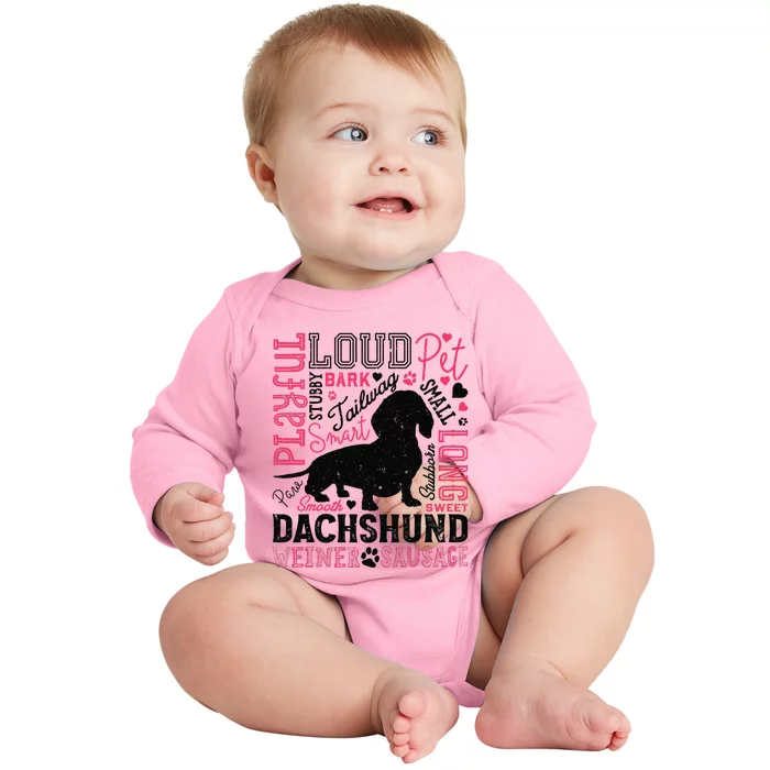 Dachshund Typography Funny Word Art Dog Lover  Gift Baby Long Sleeve Bodysuit