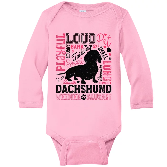 Dachshund Typography Funny Word Art Dog Lover  Gift Baby Long Sleeve Bodysuit