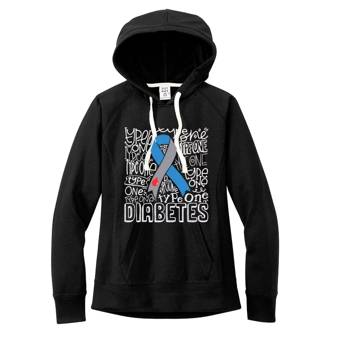 Diabetes Typography Grey Blue Ribbon Diabetes Awareness Funny Gift Women's Fleece Hoodie