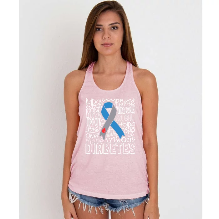 Diabetes Typography Grey Blue Ribbon Diabetes Awareness Funny Gift Women's Knotted Racerback Tank