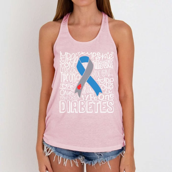 Diabetes Typography Grey Blue Ribbon Diabetes Awareness Funny Gift Women's Knotted Racerback Tank