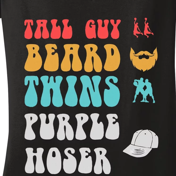 Dude Tall Guy Beard Twins Purple Hoser Funny Women's V-Neck T-Shirt