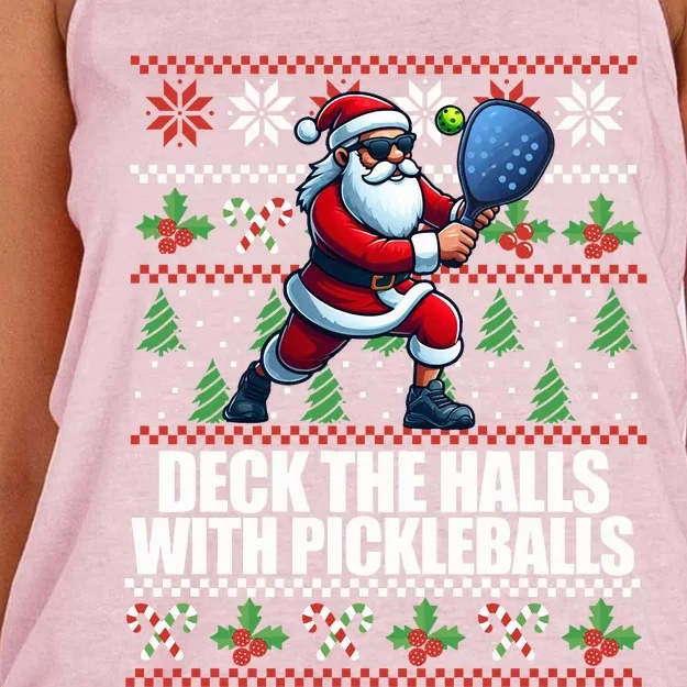 DECK THE HALLS PICKLE BALLS Ugly Christmas Pickleball Women's Knotted Racerback Tank