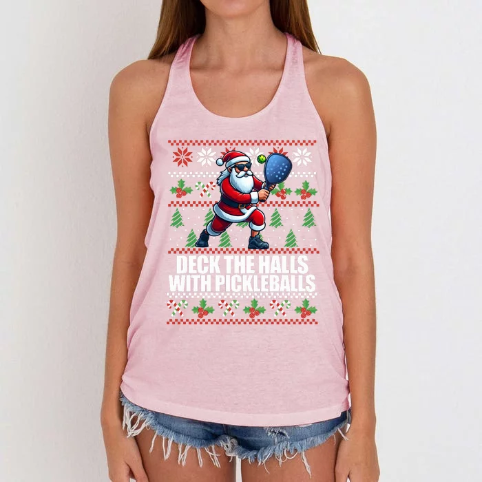 DECK THE HALLS PICKLE BALLS Ugly Christmas Pickleball Women's Knotted Racerback Tank