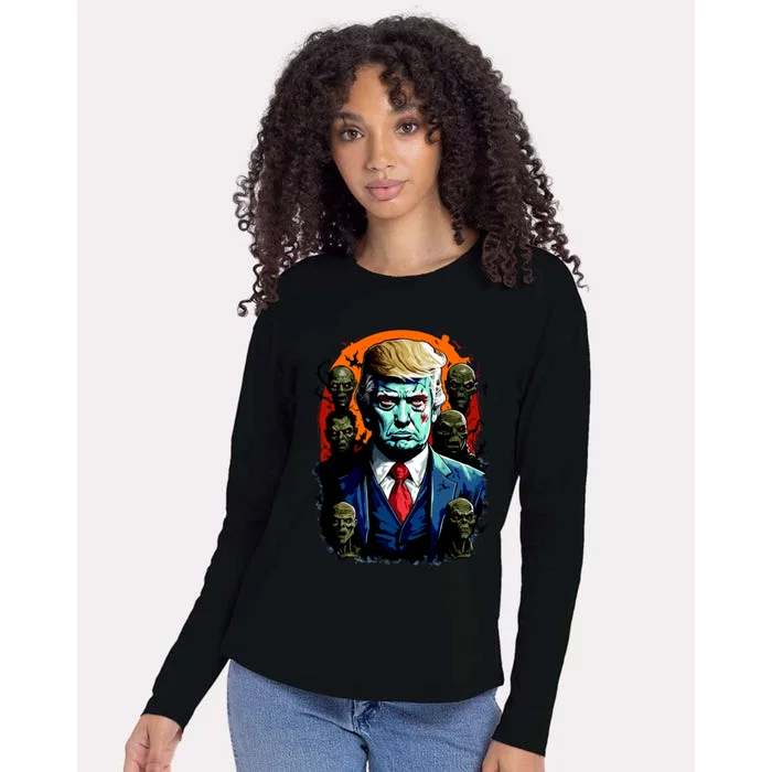 Donald Trump Halloween Silhouette With Zombies Womens Cotton Relaxed Long Sleeve T-Shirt