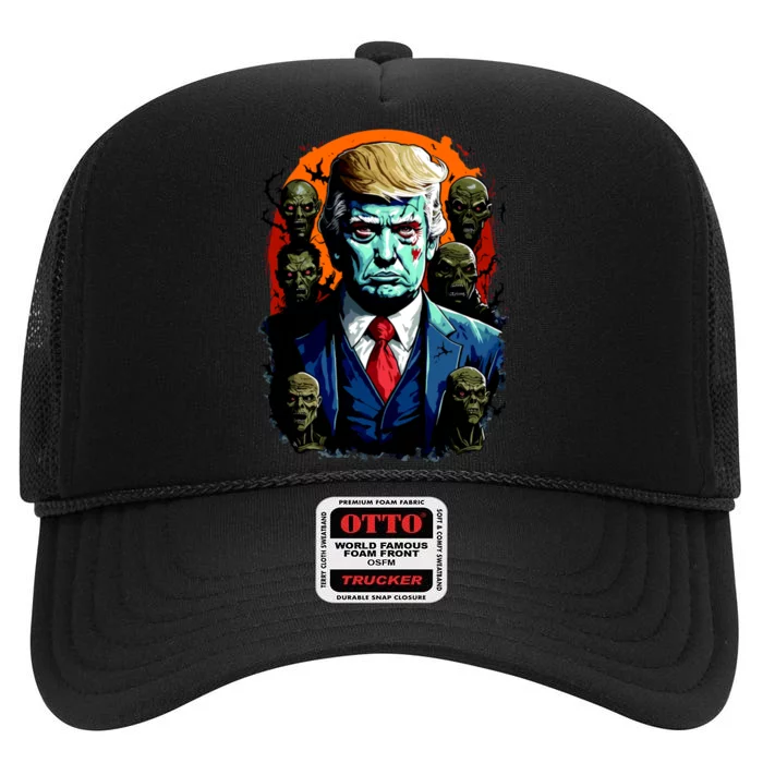 Donald Trump Halloween Silhouette With Zombies High Crown Mesh Trucker Hat