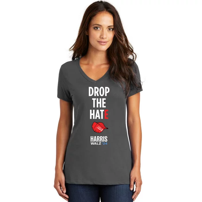 Drop The Hate No Maga Hat Vote Kamala Harris Tim Walz 24 Women's V-Neck T-Shirt