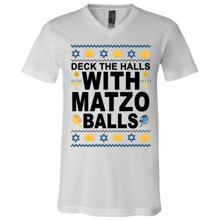 Deck The Halls With Matzo Balls Jewish V-Neck T-Shirt