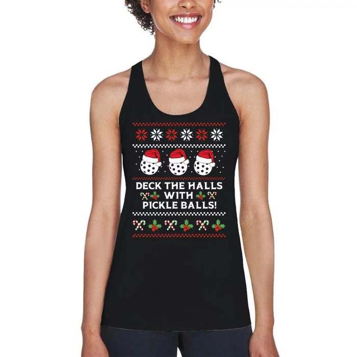 DECK THE HALLS PICKLE BALLS Ugly Christmas Pickleball Women's Racerback Tank