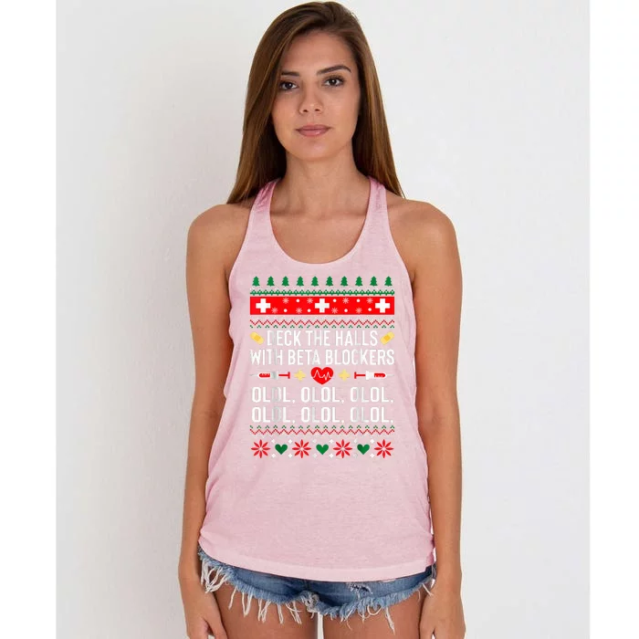 Deck the Halls with beta blockers Nurse Christmas Ugly Xmas Women's Knotted Racerback Tank