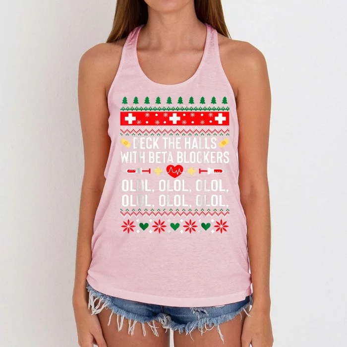 Deck the Halls with beta blockers Nurse Christmas Ugly Xmas Women's Knotted Racerback Tank