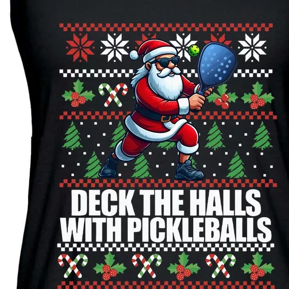 DECK THE HALLS PICKLE BALLS Ugly Christmas Pickleball Memes Ladies Essential Flowy Tank