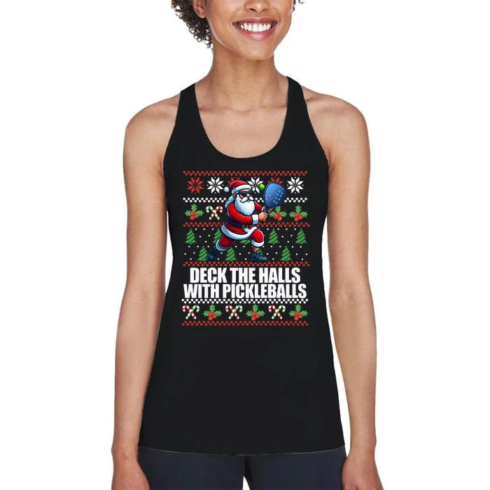 DECK THE HALLS PICKLE BALLS Ugly Christmas Pickleball Memes Women's Racerback Tank