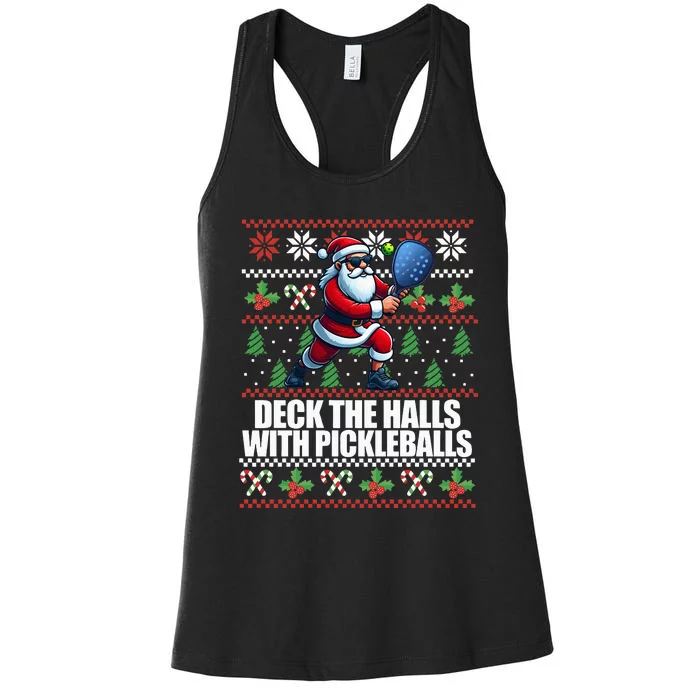 DECK THE HALLS PICKLE BALLS Ugly Christmas Pickleball Memes Women's Racerback Tank