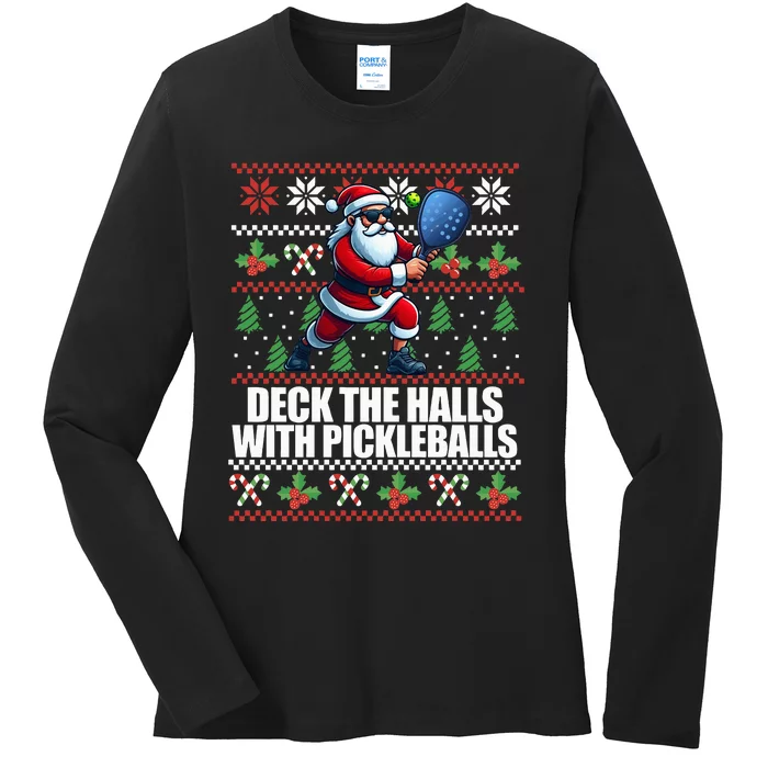 DECK THE HALLS PICKLE BALLS Ugly Christmas Pickleball Memes Ladies Long Sleeve Shirt