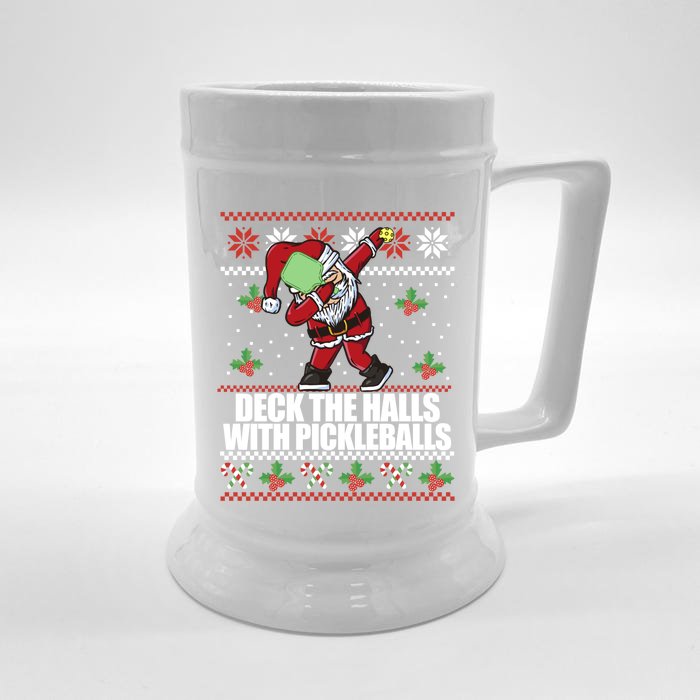 Deck The Halls Pickle Balls Ugly Christmas Pickleball Memes Gift Front & Back Beer Stein