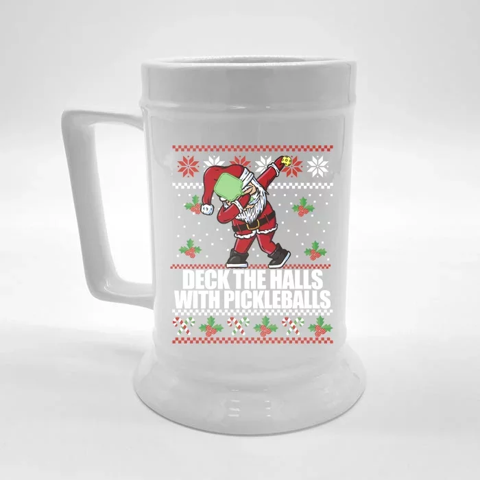 Deck The Halls Pickle Balls Ugly Christmas Pickleball Memes Gift Front & Back Beer Stein