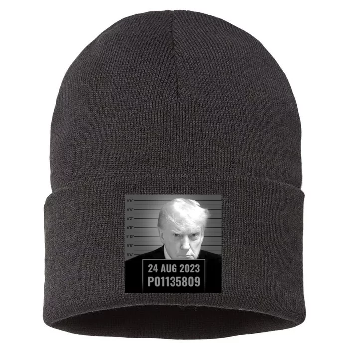 Trump 2024 Mugshot Trump Inmate P01135809 Sustainable Knit Beanie