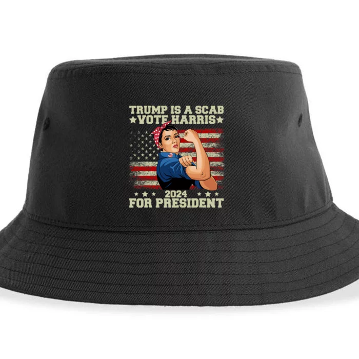 Donald Trump Is A Scab Vote Harris Vintage America Flag Sustainable Bucket Hat