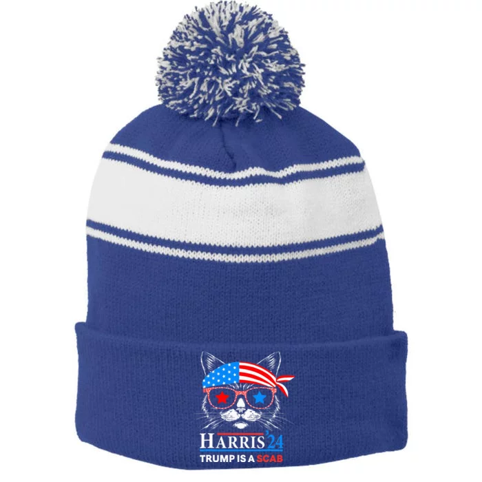 Donald Trump Is A Scab Vote Harris Valz Cat Lady Stripe Pom Pom Beanie